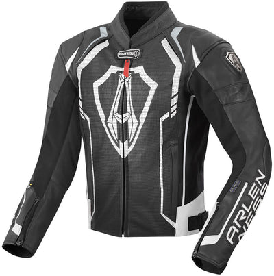 Arlen Ness Track Motorcycle Leather Jacket#color_black-white