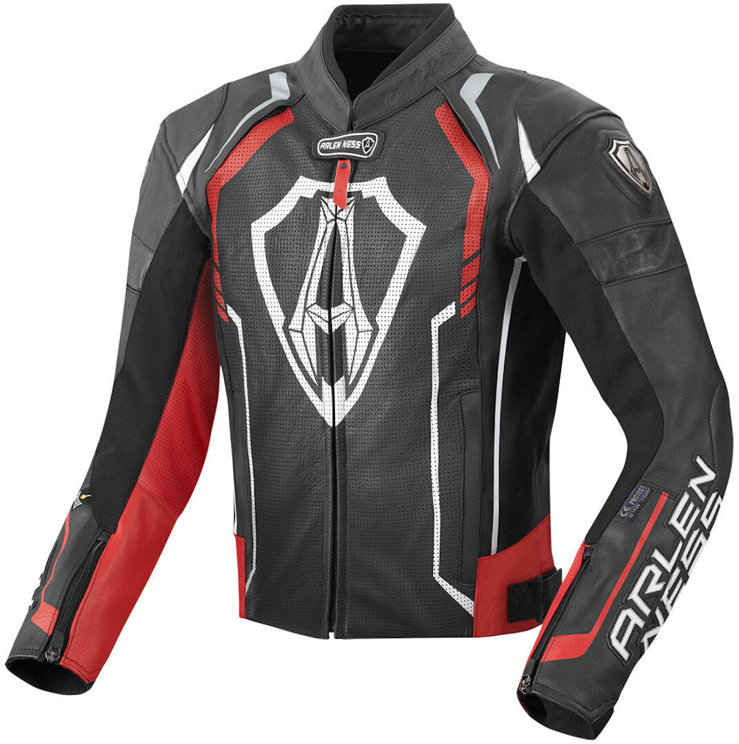 Arlen Ness Track Motorcycle Leather Jacket#color_black-red