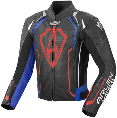 Arlen Ness Track Motorcycle Leather Jacket#color_black-blue-red