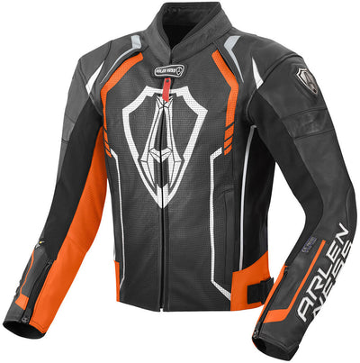 Arlen Ness Track Motorcycle Leather Jacket#color_black-orange