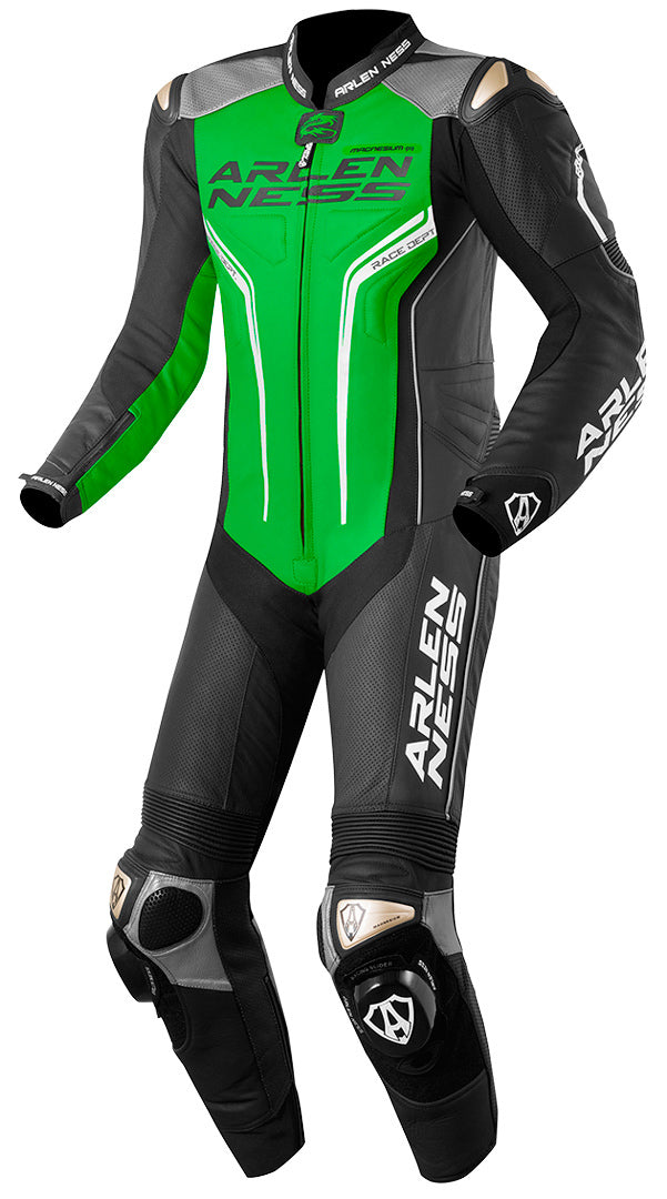 Arlen Ness Sugello One Piece Motorcycle Leather Suit#color_black-grey-green