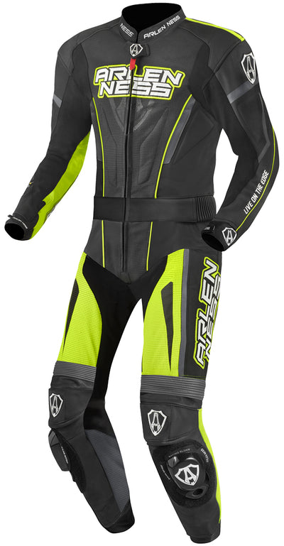 Arlen Ness Edge Two Piece Motorcycle Leather Suit#color_black-grey-yellow