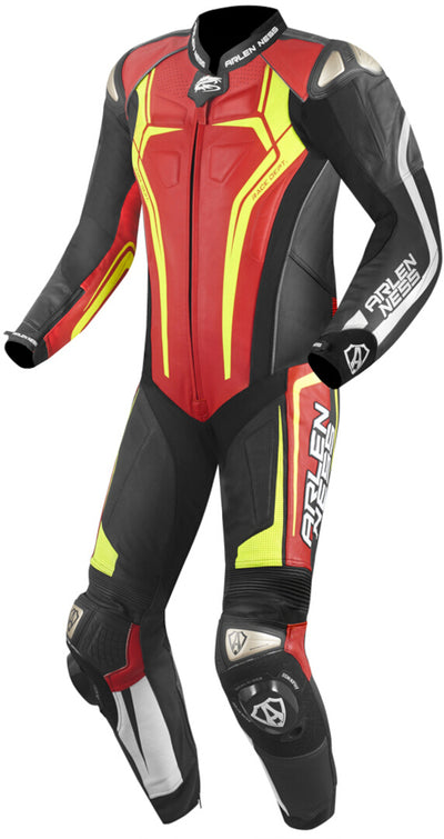 Arlen Ness Sugello 2 One Piece Motorcycle Leather Suit#color_black-red-yellow