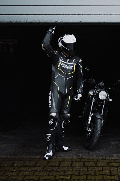 Arlen Ness Alcarras Race One Piece Motorcycle Leather Suit#color_black-grey-yellow